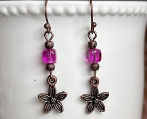 Copper Tone Flower Dangle Earrings with Fuchsia Beads. Nature. Bloom