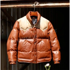 Men's Puffer Jacket Real Lambskin Leather Quilted Bomber Jacket - TAN & BEIGE - Picture 1 of 10