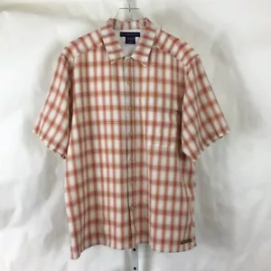 Ex Officio Mens Short Sleeve Camp Shirt Vented Back Orange and White Plaid Sz L - Picture 1 of 12