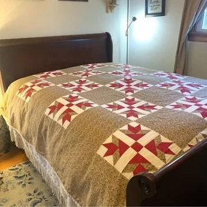 Handmade Cross and Star Queen Size Quilt Red Brown White Floral Fabric - Picture 1 of 11