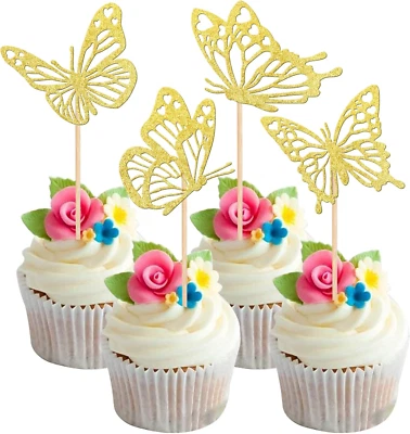 Paquete de 24 adornos para cupcakes mariposa dorado brillo montado mariposa baby shower C Foto 1 de 4