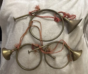 Vintage Set Solid Brass Horn Hand Crafted in India w Sticker Decor - Picture 1 of 9