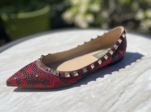 Valentino Red Black Leather Swarovski Crystal Rockstud Camo Shoes Flats 36 6 - Picture 1 of 13