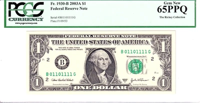 2003-A $1 FRN PCGS Gem New 65PPQ Fancy TRUE 0/1 BINARY Serial #B01101111G - Image 1 of 2