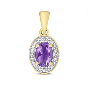 Amatista y Diamante Ovalado Halo Colgante 9ct Oro Amarillo Auténtico Piedras - Imagen 1 de 3