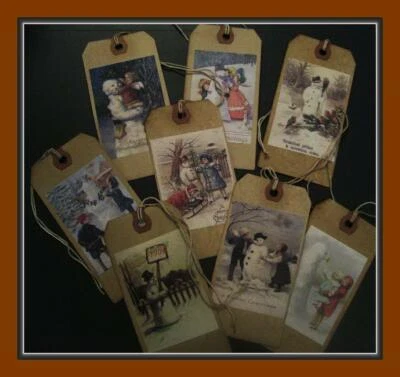 OLD TIME PRIMITIVE SNOWMEN HANG TAGS - SET #1 - Image 1 of 4