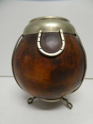 Vintage Metal Bound Mounted Coconut Gourd Vase Decorative Pot  Tribal Art • 95$