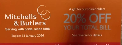 20% Off Mitchells & Butlers Vouchers  EXP 26 Harvester, Miller & Carter Toby - Image 1 of 3