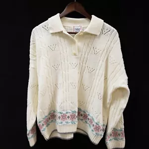 Vintage Cricket Lane Womens Floral Collared Sweater Size XXL Ivory Cottagecore - Picture 1 of 12