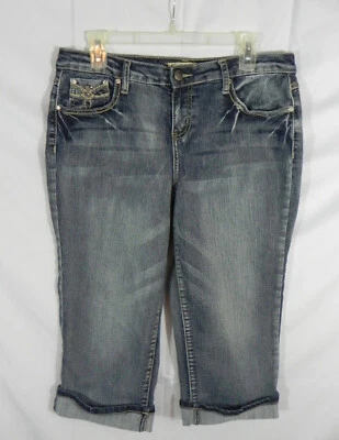 EARL woman 12P Stretch Denim CROPPED JEANS Rhinestone Bling Pockets Cuffed Leg - Image 1 of 4