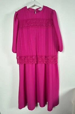 Vestido plisado vintage Sandi Dee rosa fucsia manga abullonada con ribete de encaje talla 16W Foto 1 de 4