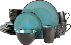 round Reactive Glaze Stoneware Dinnerware Set, Service for 4 (16Pc), Teal
