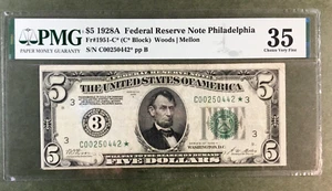 1928A $5 FRN PHILADELPHIA STAR  BIG 3 Seal FR. 1951-C* / PMG 35 [] C 00250442 * - Picture 1 of 2