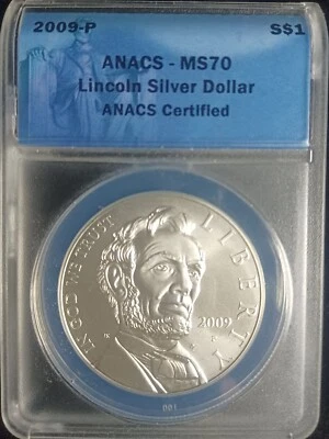 2009 P Abraham Lincoln Commemorative Silver Dollar. ANACS MS70. SL137 - Image 1 of 2