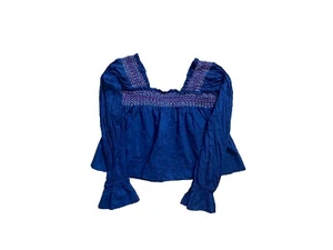 Cake For Dinner CFD Smocked Crop Top Sz XS Navy Blue Bell Sleeve Babydoll Shirt - Picture 1 of 6