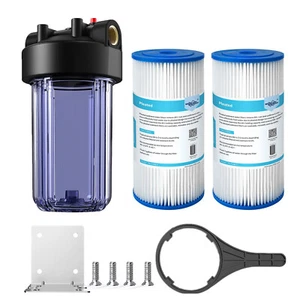 Clear Whole House Water Filter Housing &2p 10" x 4.5" PP Pleated Sediment System - Picture 1 of 18