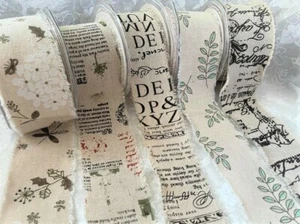 Bertie's Bows PRINTED BURLAP Natural Linen Ribbon 50mm - 6 designs, var lengths - Picture 1 of 14