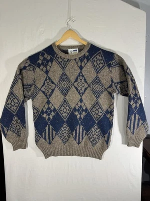Vtg Arrow Dover 1X  BIG Tan Heathered Blue argyle Pullover 100 Acrylic Grand Pop - Image 1 of 4