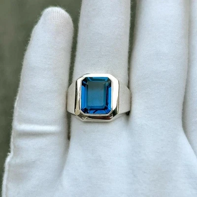 Anillo audaz de plata de ley 925 para hombre con piedra preciosa de zafiro azul talla esmeralda grande Foto 1 de 4