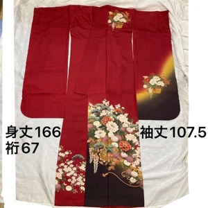 Woman Japanese Red furisode kimono peony cherry blossom patterns 166cm Used - Picture 1 of 10