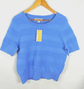Michael Kors Women's Knit Top L Summer Crew Blue Cropped Blouse Pullover NWT - Picture 1 of 9