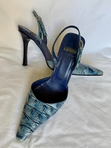 CASADEI Blue Crocodile  Embossing Leather Slingback Heel 6.5 - Picture 1 of 8