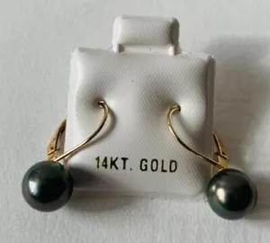 Solid 14k Yellow Gold 8.0-8.5mm Black Simulated Shell Pearl Leverback Earrings - Picture 1 of 3