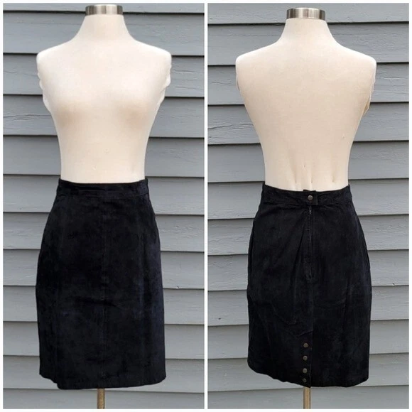 Vintage 90s y2k Bratz Black Suede Leather High Waisted Midi Length Pencil Skirt - Image 1 of 4