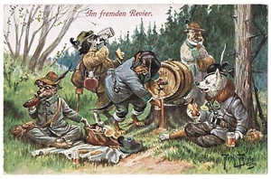 Arthur Thiele Dachshund Postcard. Funny Scene Dogs drinking Beer. - Picture 1 of 2