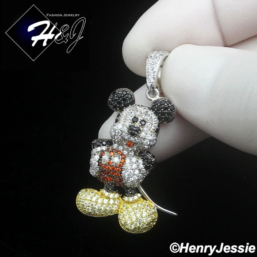 MEN SOLID 925 STERLING SILVER ICY BLING CZ 3D HIPHOP MICKEY MOUSE PENDANT*SP475 - Image 1 of 4
