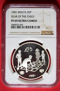 1981 NGC PROOF 69 Ultra Cameo Malta Year of the Child 5 Lire Silver Coin #B6451 - Picture 1 of 2