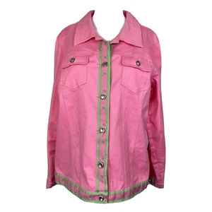 Quacker Factory Jacket Women Sz M Pink Twill Palm Tree Rhinestone Button Up - Picture 1 of 9