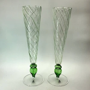 ABIGAIL Pair Fine Twisted Green Stem Champagne Glass Flutes - Picture 1 of 9