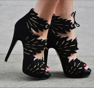 38/8❤️CHARLOTTE OLYMPIA Black  Suede Leather High Heel Platform SANDALS ITALY - Picture 1 of 12