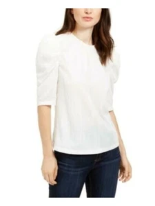 LEYDEN Womens White Zippered Pouf Sleeve Jewel Neck Sweater L - Picture 1 of 3