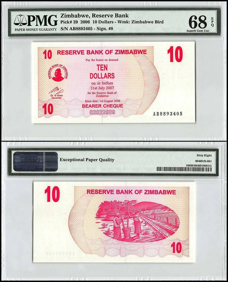 Zimbabwe 10 Dollars Bearer Cheque, 2006, P-39, PMG 68 - Image 1 of 1