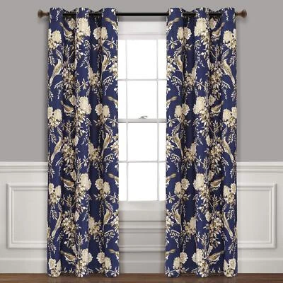 Navy And Taupe Farmhouse Bird And Flower Insulated Grommet Blackout Window Curta - Image 1 of 4