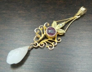 Stylish Vintage 10K Yellow Gold, Pearl & Carved Jade Designer Pendant - Picture 1 of 8