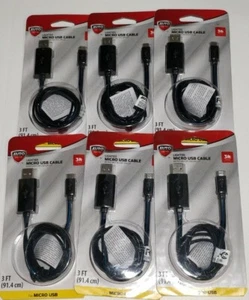 Six AUTO DRIVE, LED Light Micro USB Charge/Sync Cable, 3 Ft, Black w/ Blue LED - Picture 1 of 3