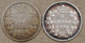 Canada 1886 + 1891 Five Cents Silver Mid Grade As Pictured