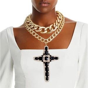 Jumbo Black Crystal Cross Chunky Gold Plated Double Layer Chain Necklace Set - Picture 1 of 2