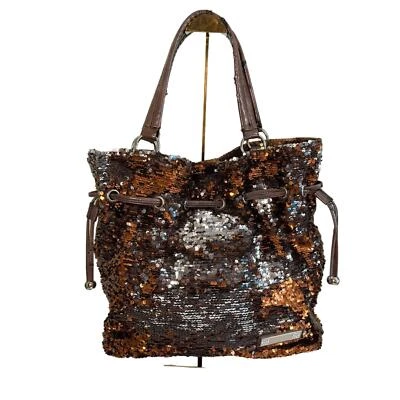 NICOLE LEE Shoulder Bag Womens Golden Sequins Rhinestones Drawstring Brown USA - Image 1 of 4