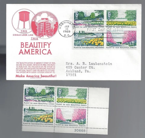 1969  Scott Beautify America 1365-68 FDC w/ Anderson cachet + MNH plate block Cover