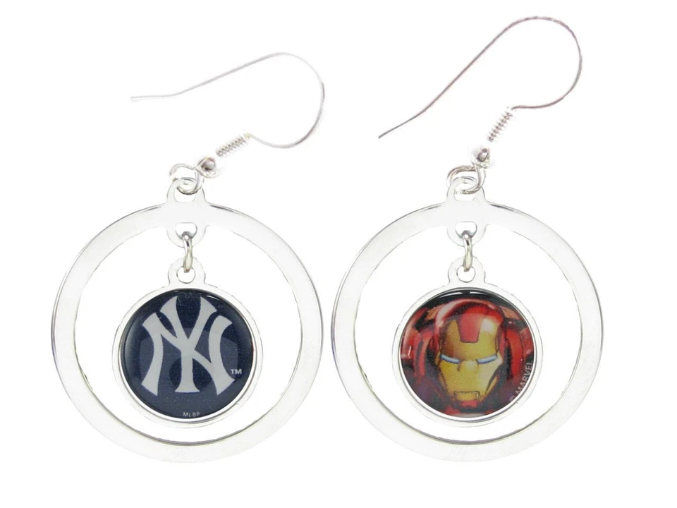 New York Yankees Iron Man Two Sided Silver Hoop Wire Earrings Marvel MLB Jewelry - Image 1 of 1