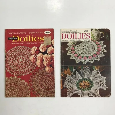 VTG Set 2 DOILIES Booklets-crocheted-ruffled-flowers-tatted-hairpin lace & more! - Image 1 of 4