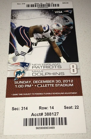 12/30/12 Miami Dolphins New England Patriots  NFL Ticket Stub Brady 2 x TDs Cover