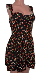 Strawberry Print Smocked Back Fit Flare Sweetheart Mini Dress S Cottagecore New - Picture 1 of 6