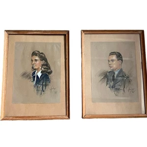 Vintage Original Portrait Drawings pictures wall art, Husband Wife 40s Military - Picture 1 of 13