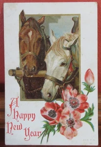 1900's Embossed NEW YEAR Post Card Series PN Brown & White WORK HORSES & POPPIES - Picture 1 of 4