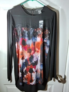 Kate & Mallory Women M Black Lacey Multicolor Floral Long Sleeve Sheer Tunic Top - Picture 1 of 7